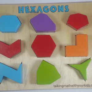 hexagon shape puzzle with 9 brightly colored hexagons, mostly irregular