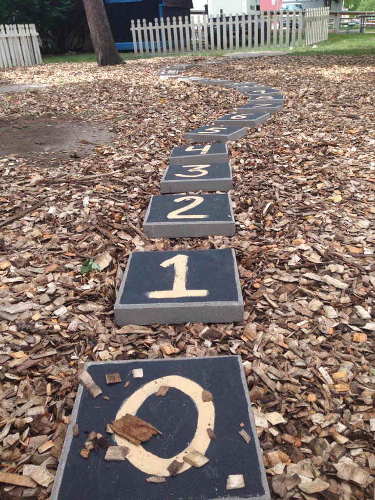 Stepping stones 0 through 23 winding through a field of wood chips, ready for visitors at Math On-A-Stick