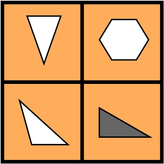 upper left: white isosceles triangle, pointing down<br />
upper right: nearly white, regular hexagon that is a little bit too wide<br />
lower left: white obtuse scalene triangle, pointing up and to the left<br />
lower right: shaded scalene right triangle, pointing to the right