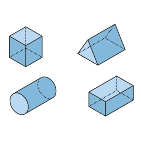 upper left: a cube<br />
upper right: a triangular prism, resting on a rectangular face<br />
lower left: a cylinder, lying on its side<br />
lower right: a rectangular prism, oriented like a shoebox with face of largest area as base