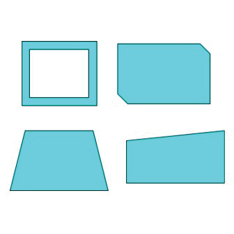 upper left: A blue rectangle with a large rectangular hole in the middle.<br />
upper right: A rectangle with upper left and lower right corners lopped off, forming an irregular hexagon.<br />
lower left: An isosceles trapezoid with horizontal parallel sides.<br />
lower right: An irregular trapezoid with vertical parallel sides.