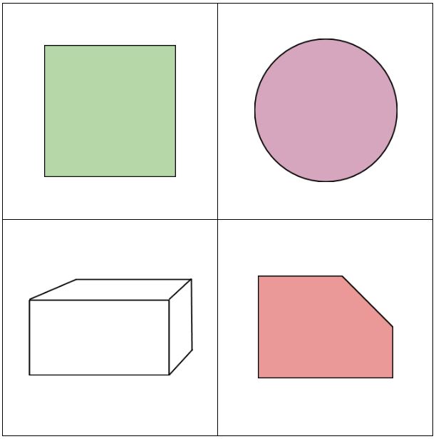 upper left: green square.<br />
upper right: mauve circle.<br />
lower left: white rectangular prism.<br />
lower right: red irregular pentagon that looks like a rectangle with a corner lopped off.