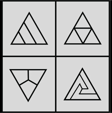 Four subdivided equilateral triangles.<br />
upper left: subdivided with two line segments parallel to one of the sides, and equally spaced.<br />
upper right: Subdivided into four congruent smaller equilateral triangles.<br />
lower left: Subdivided into three congruent kites. Also, this is the only one of the triangles that is pointing down.<br />
lower right: subdivided into three congruent irregular hexagons, each of which looks a bit like the letter J