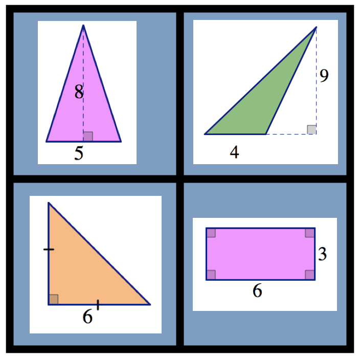 upper left: a pink isosceles triangle with base labeled "5" and height labeled "8".<br />
upper right: A green scalene triangle with base labeled "4" and height labeled "9".<br />
lower left: An isosceles right triangle with one leg labeled "6".<br />
lower right: A rectangle with base labeled "6" and height labeled "3".