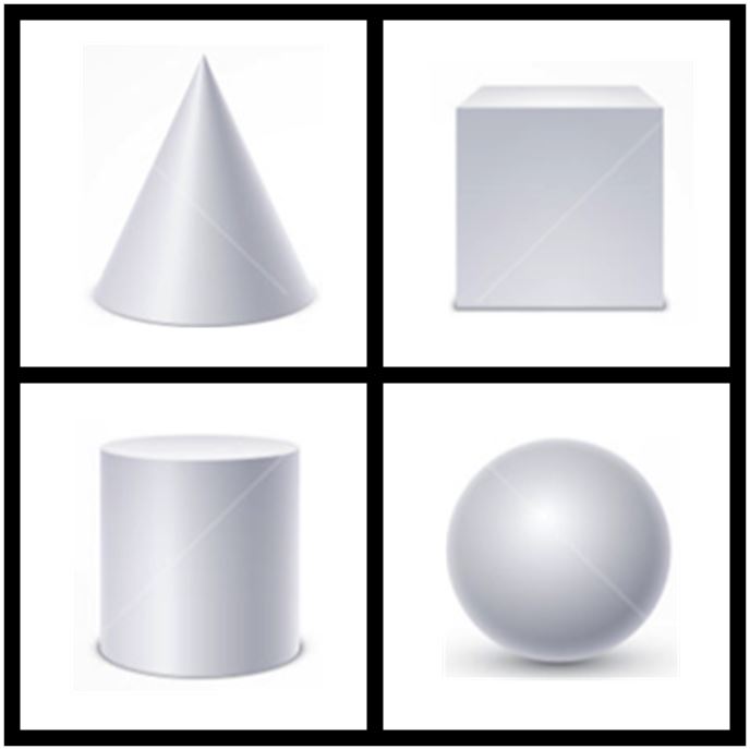 Four expertly lit, digitally rendered solids. upper left: a cone upper right: a cube lower left: a cylinder lower right: a sphere