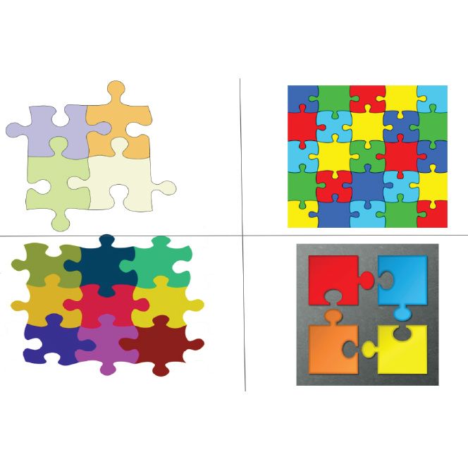 upper left: four interlocked puzzle pieces.<br />
upper right: a five by five grid of interlocked puzzle pieces, arranged as a completed jigsaw puzzle with straight borders.<br />
lower left: A three by three grid of interlocking puzzle pieces, arranged as though in the center of an incomplete jigsaw puzzle.<br />
lower right: Four corner puzzle pieces, not interlocked, but ready to assemble to make a square with no interior pieces. These pieces rest on a dark background.