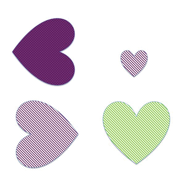 Four hearts. upper left: Dark purple, with pointy end pointing to the right. upper right: Smaller and light purple, in the standard heart orientation. lower left: light purple, with pointy end point to the right. lower right: light green, in the standard heart orientation.