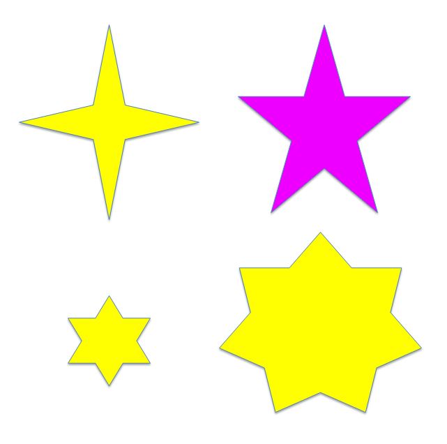 Four stars. upper left: four-pointed and yellow. upper right: five-pointed and magenta. lower left: six-pointed, small and yellow. lower right: eight-pointed and yellow.