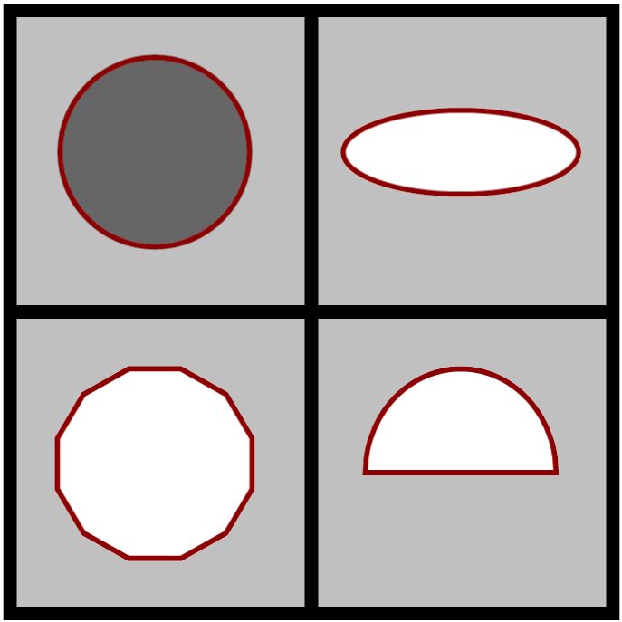 upper left: shaded circle<br />
upper right: white, wide ellipse<br />
lower left: white, regular dodecagon<br />
lower right: white semi-circle, resting on its flat side    