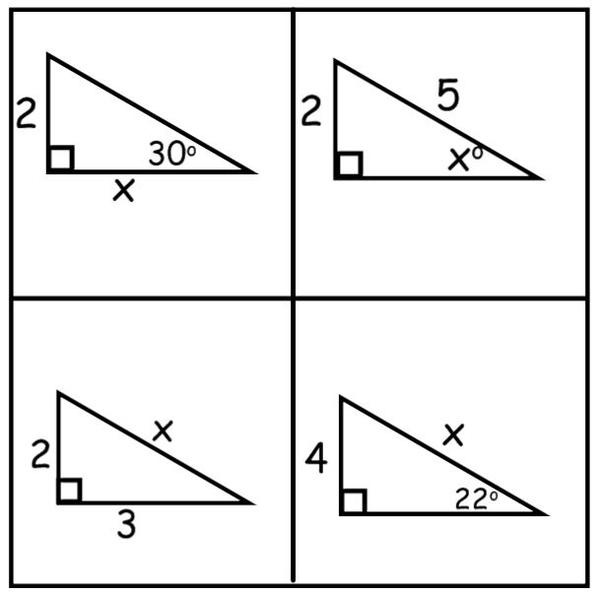 upper left: a right triangle with legs 2 and x, and angle 30°<br />
upper right: right triangle with leg 2, hypotenuse 5, and angle not between them x°<br />
lower left: right triangle with legs 2 and 3, and hypotenuse x<br />
lower right: right triangle with leg 4, hypotenuse x, and non-included angle 22°