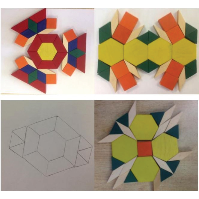 upper left: a pattern block design with three lines of symmetry, and a hexagon at the center<br />
upper right: A pattern block design with a horizontal line of reflection<br />
lower left: A pattern block design, sketched on paper with pencil, with both a horizontal and a vertical line of symmetry<br />
lower right: A pattern block design with a square at the center, and four lines of symmetry