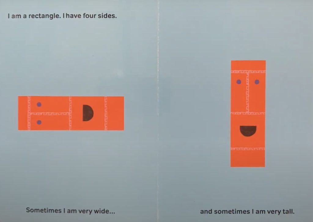 The same rectangle page as above, but with slightly altered text that reads "I am a rectangle. I have four sides. Sometimes I am very wide...and sometimes I am very tall."