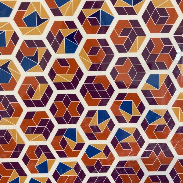 A detail from the poster, showing about 25 hexagons with pure white space in between them. Each hexagon is composed of some of the following: yellow right triangles, purple diamonds, red concave hexagons, blue kites, and dark gray darts.