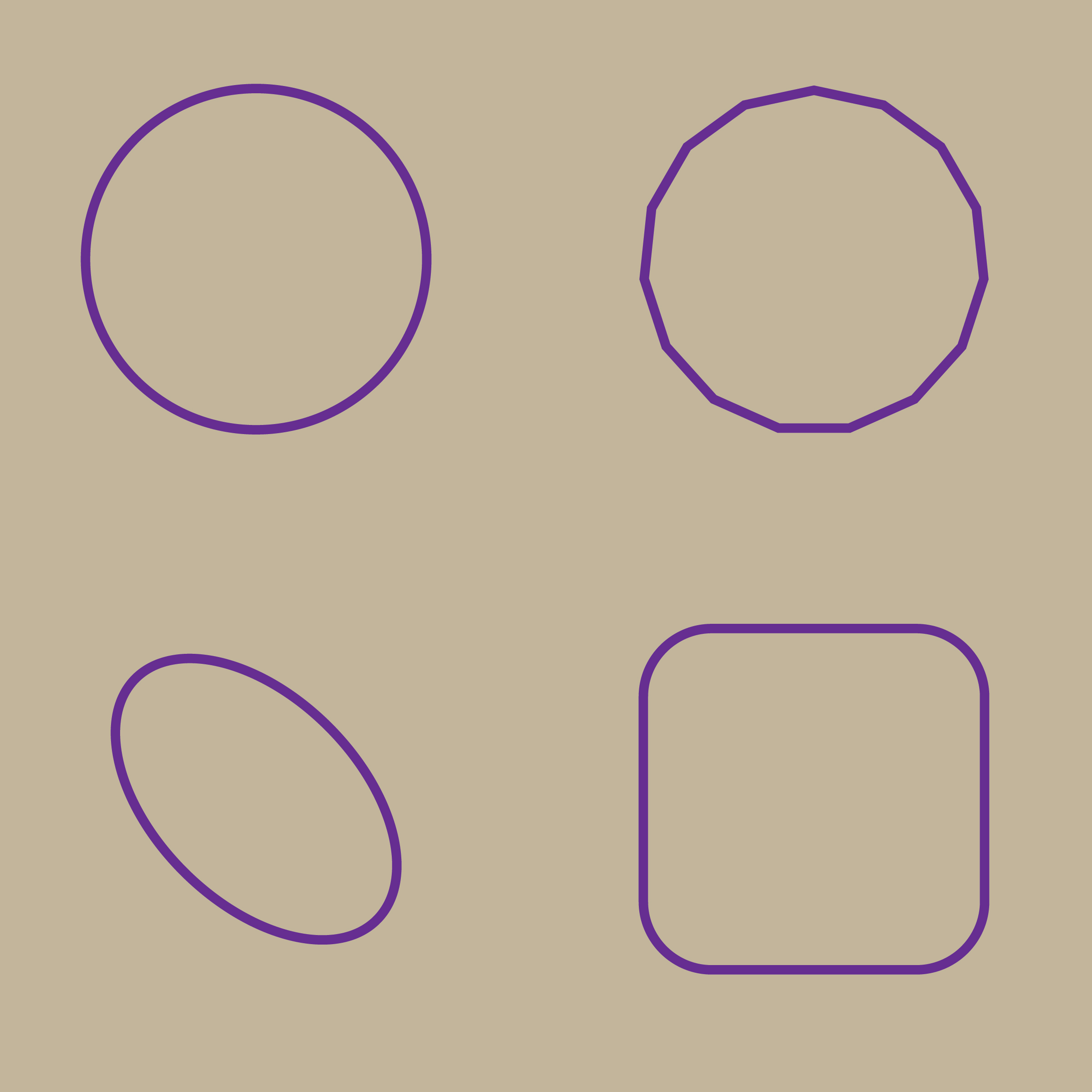 upper left: a circle. upper right: a regular 15-sided polygon. lower left, an ellipse at a 45 degree angle. lower right: a square with rounded corners