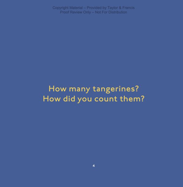 Dark yellowish-orange words on a blue background. "How many tangerines? How did you count them?"